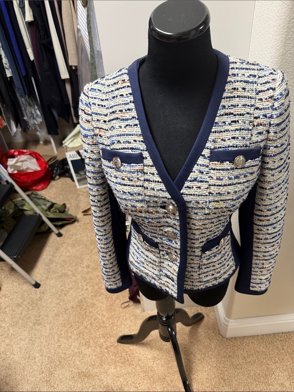 White House Black Market Navy-Trim Multicolor Tweed Blazer 00